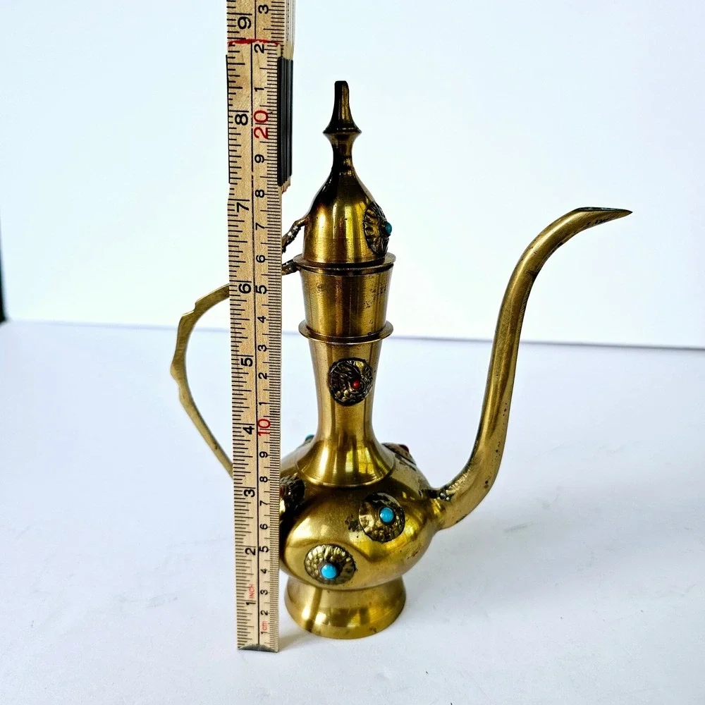 Vintage Brass Dallah Coffee Pot Turquoise Coral Accents Middle Eastern Decor 8in